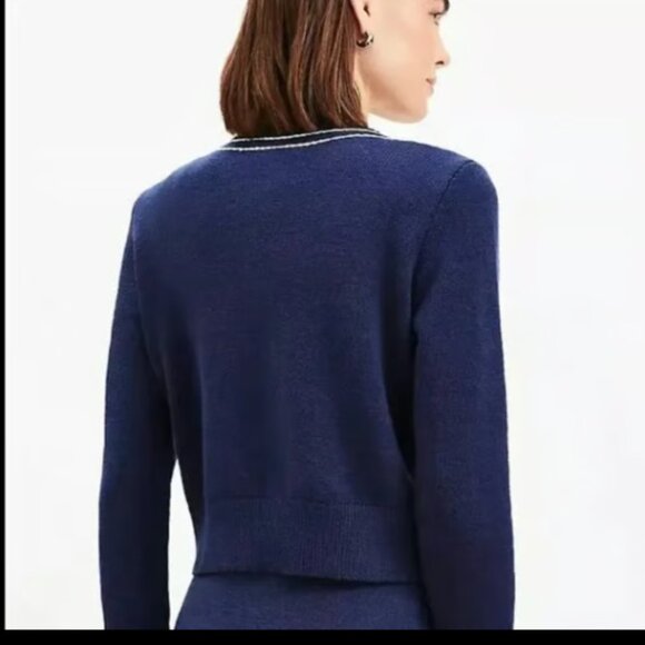ANN TAYLOR LOFT NAVY WHITE TOPSTITCH CARDIGAN GOLD BUTTON SWEATER $99 S - Picture 4 of 7